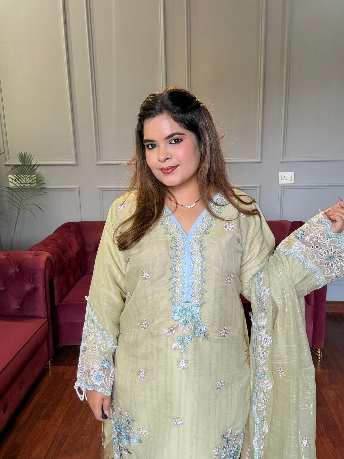 Pastel Pakistani Premium Suit with Cutwork Pants & pearl detailing