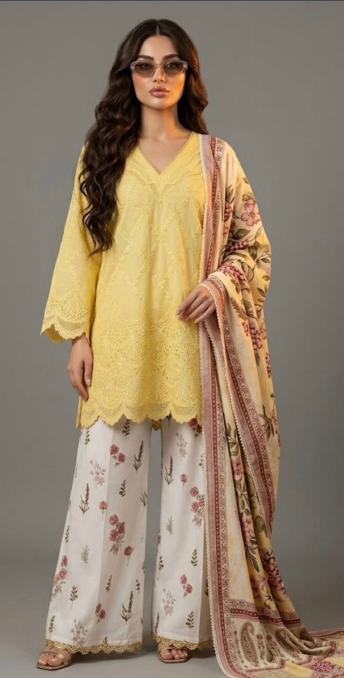 Butter Yellow Pakistani Premium Schiffli Cotton Suit With Floral Duppatta 🌻