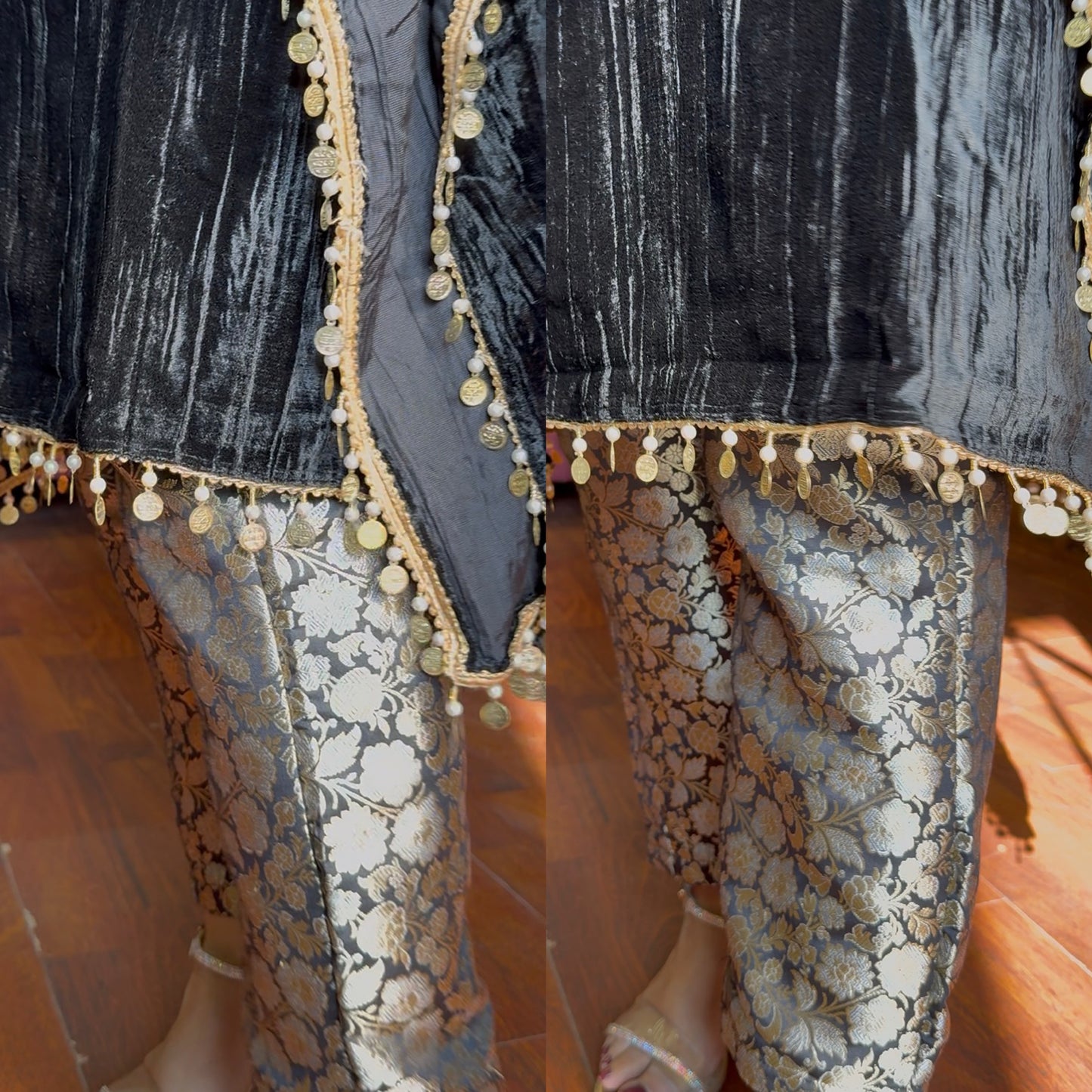 Crushed Velvet Kaftan with Handwork and Brocade Pants