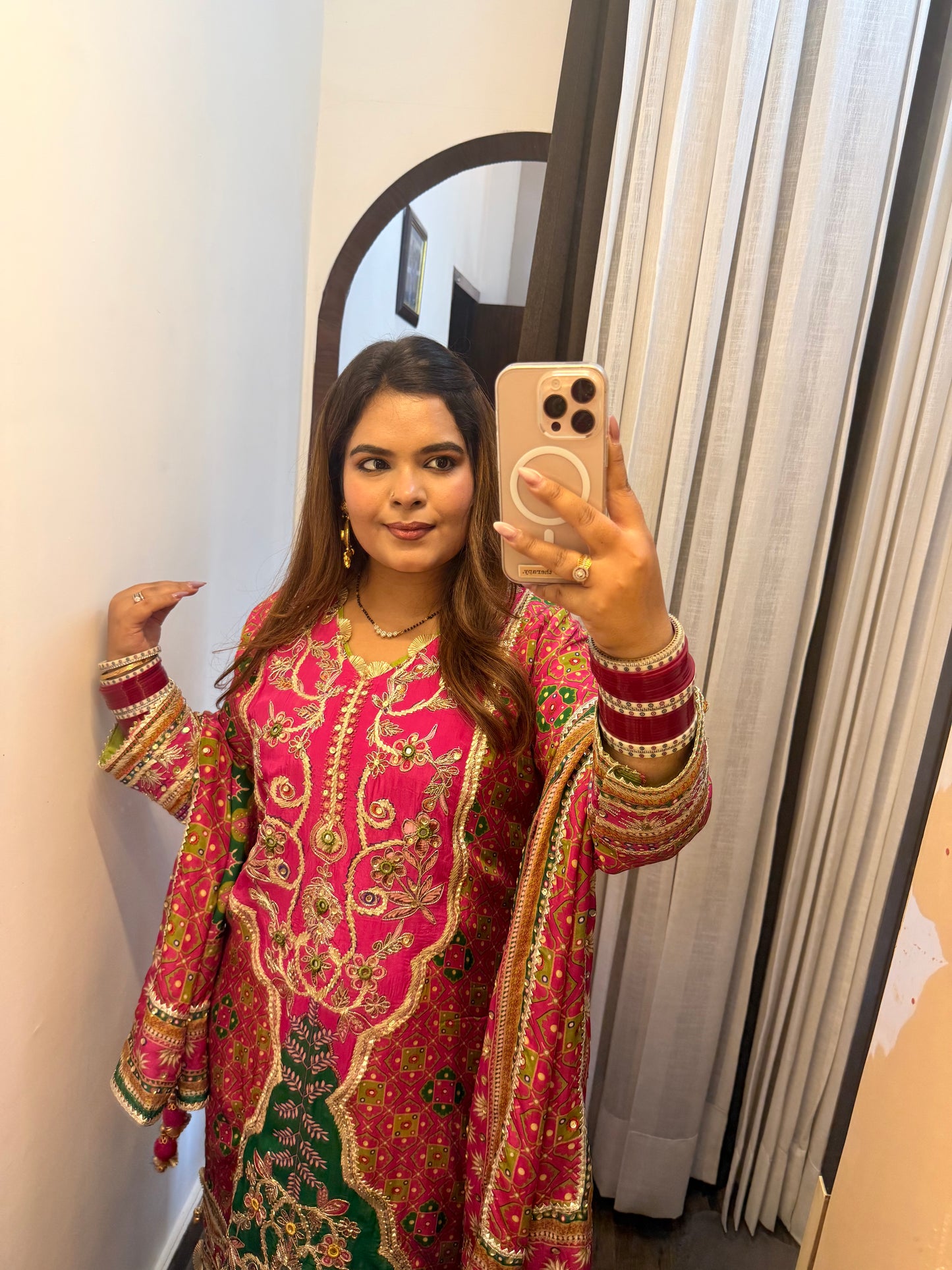 Designer Pure Crepe Pink & Green Farshi Digital Printed Suit with Handwork ✨💕