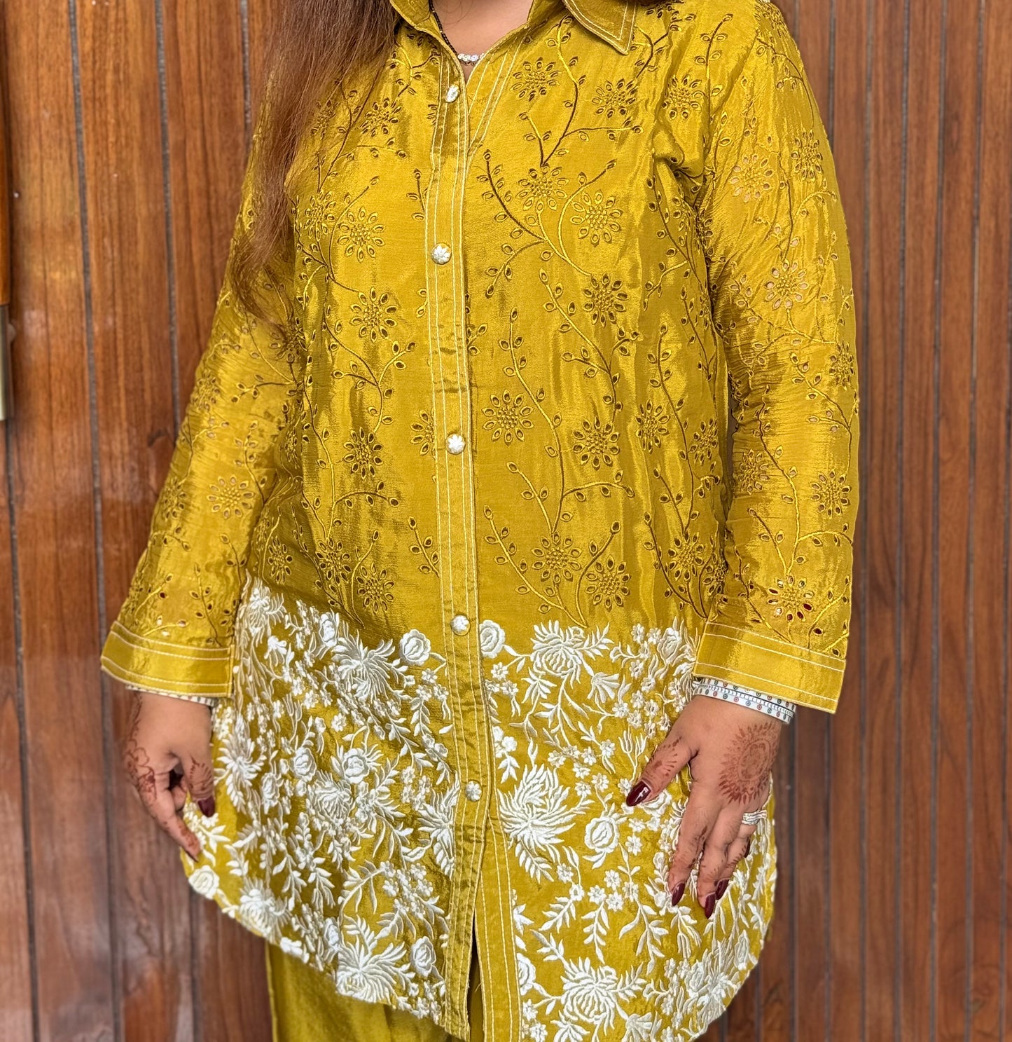 Pure Chinnon Self Thread Embroidery Co-ord in Mustard Yellow