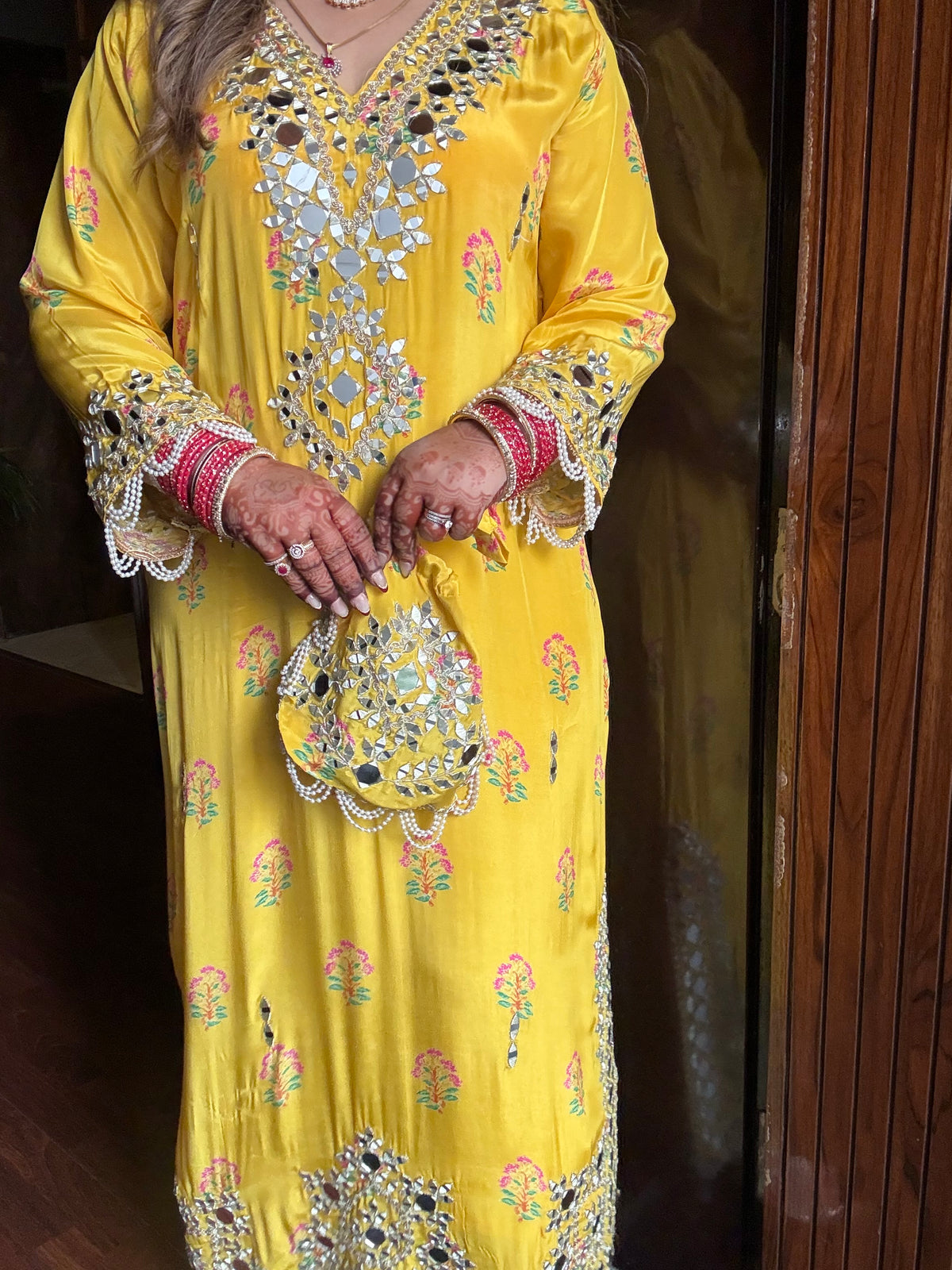 Rahat Designer Pure Crepe Long Phiran Set with handwork (comes with pants & potli)