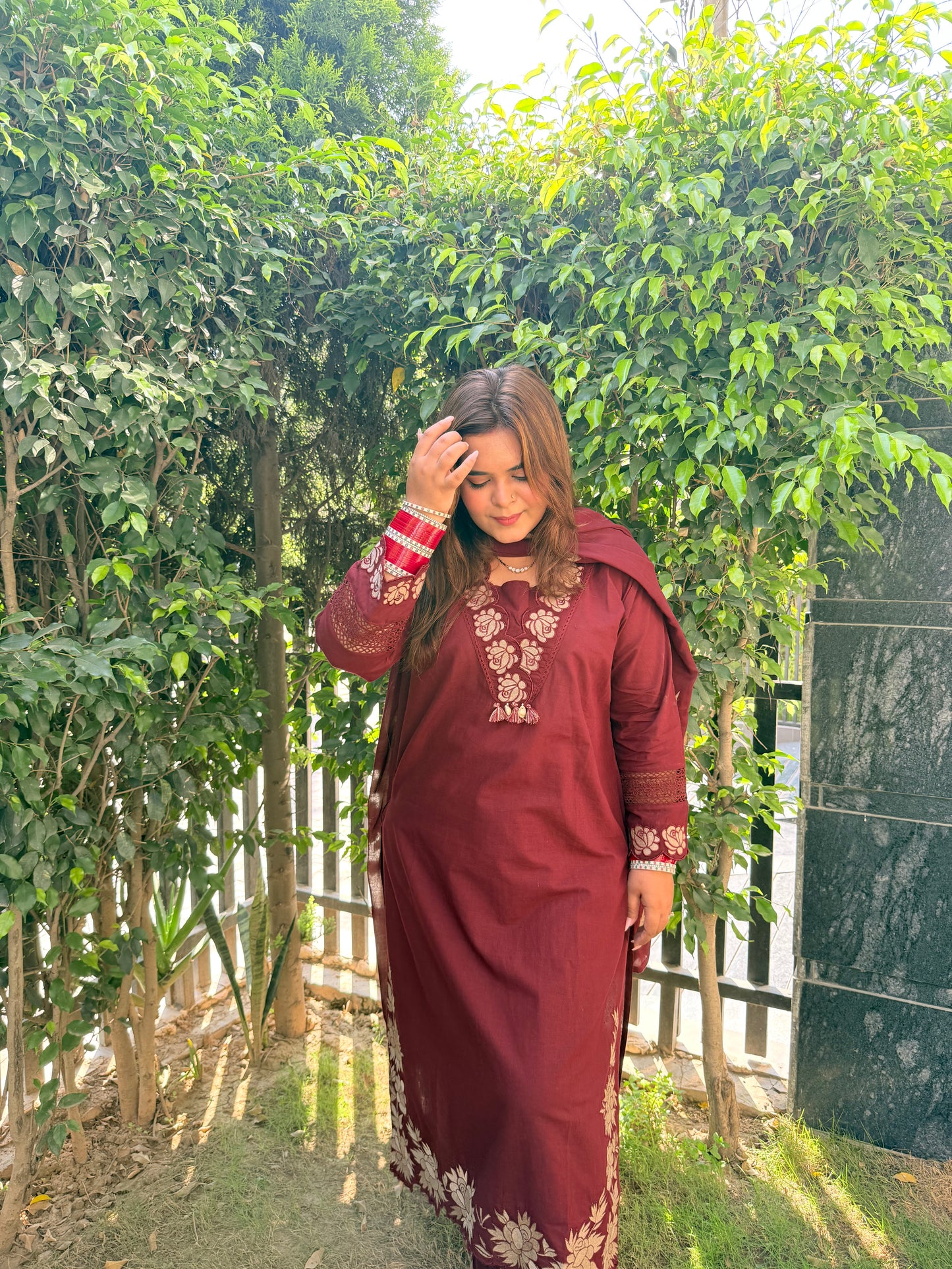 Cotton Floral Cut Work Maroon Suit