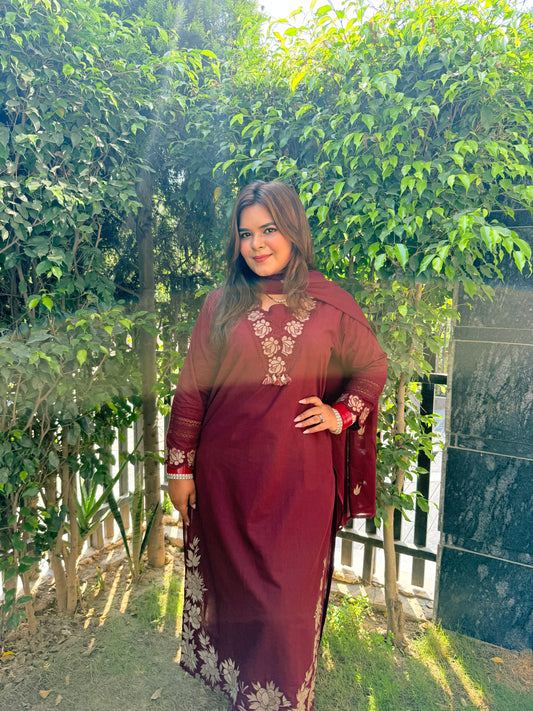 Floral Cut Work Maroon Suit