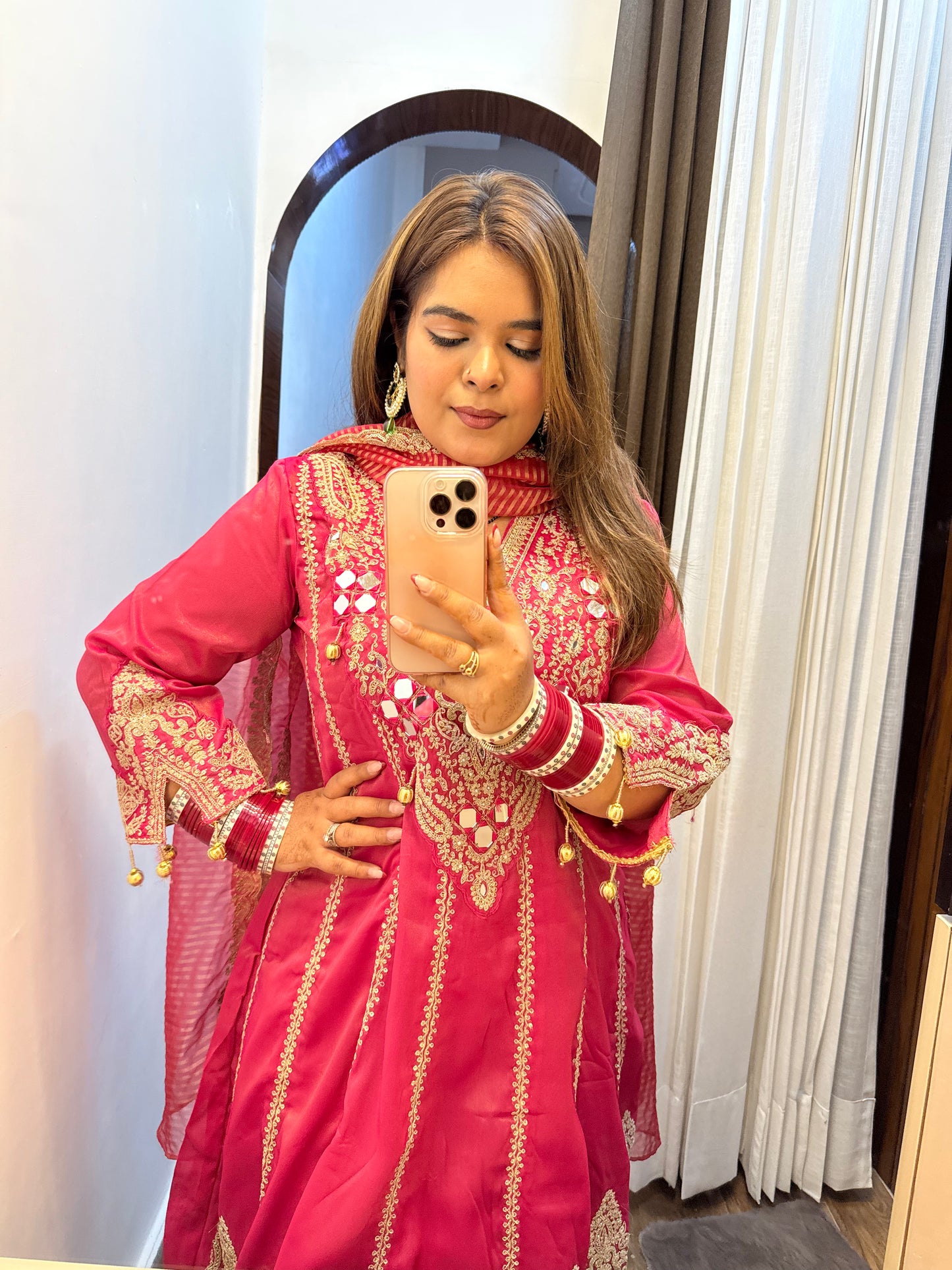 Coral Pink Short Anarkali Suit With Pants