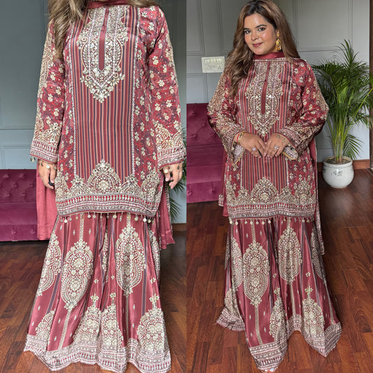 Khwabida Designer Pure Crepe Sharara Suit With Handwork