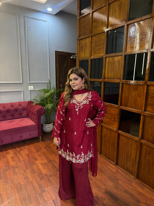 Mehroon Three Piece Handwork Suit