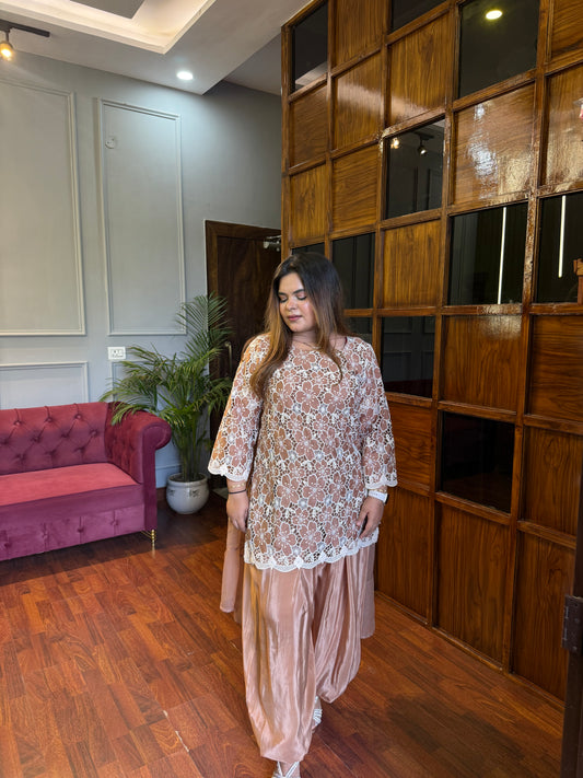 Soft Brown Crochet Suit With Baloon Pants