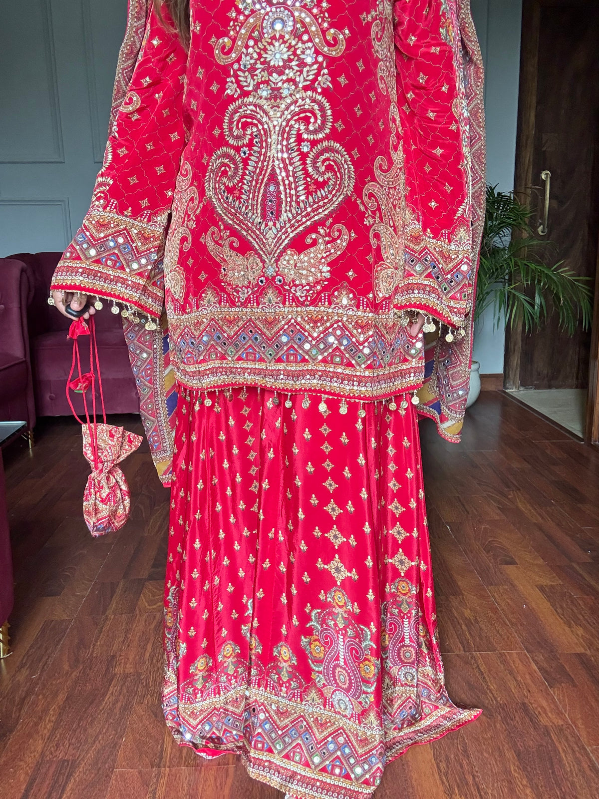 Khwaab Royal Red Pure Crepe Sharara Suit With Potli