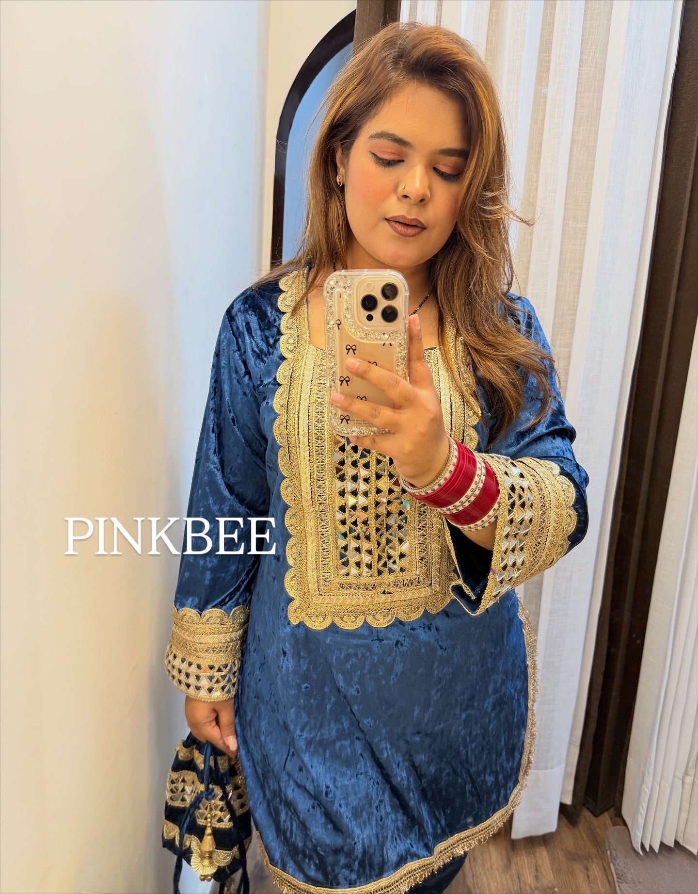 Jasmine Blue Velvet Three Piece Set with Potli