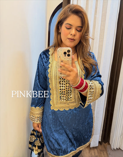 Jasmine Blue Velvet Three Piece Set with Potli