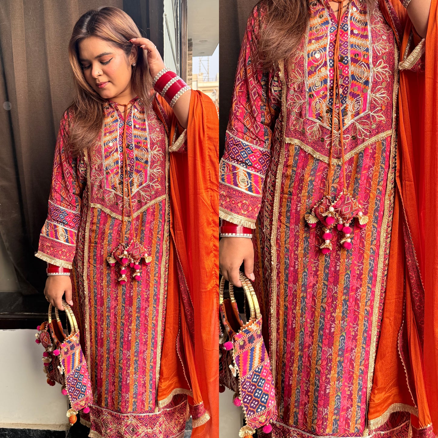 Designer Crepe Suit with Bag (Orange)