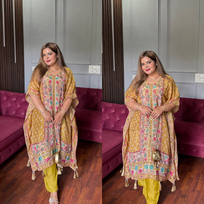 Yellow Kaftan Set With Gotta Patti Work