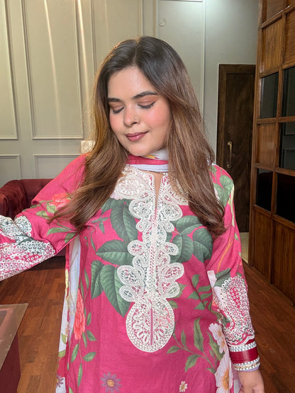 Floral Pink Soft Cotton Suit with Lace work
