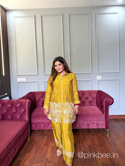 Pure Chinnon Self Thread Embroidery Co-ord in Mustard Yellow