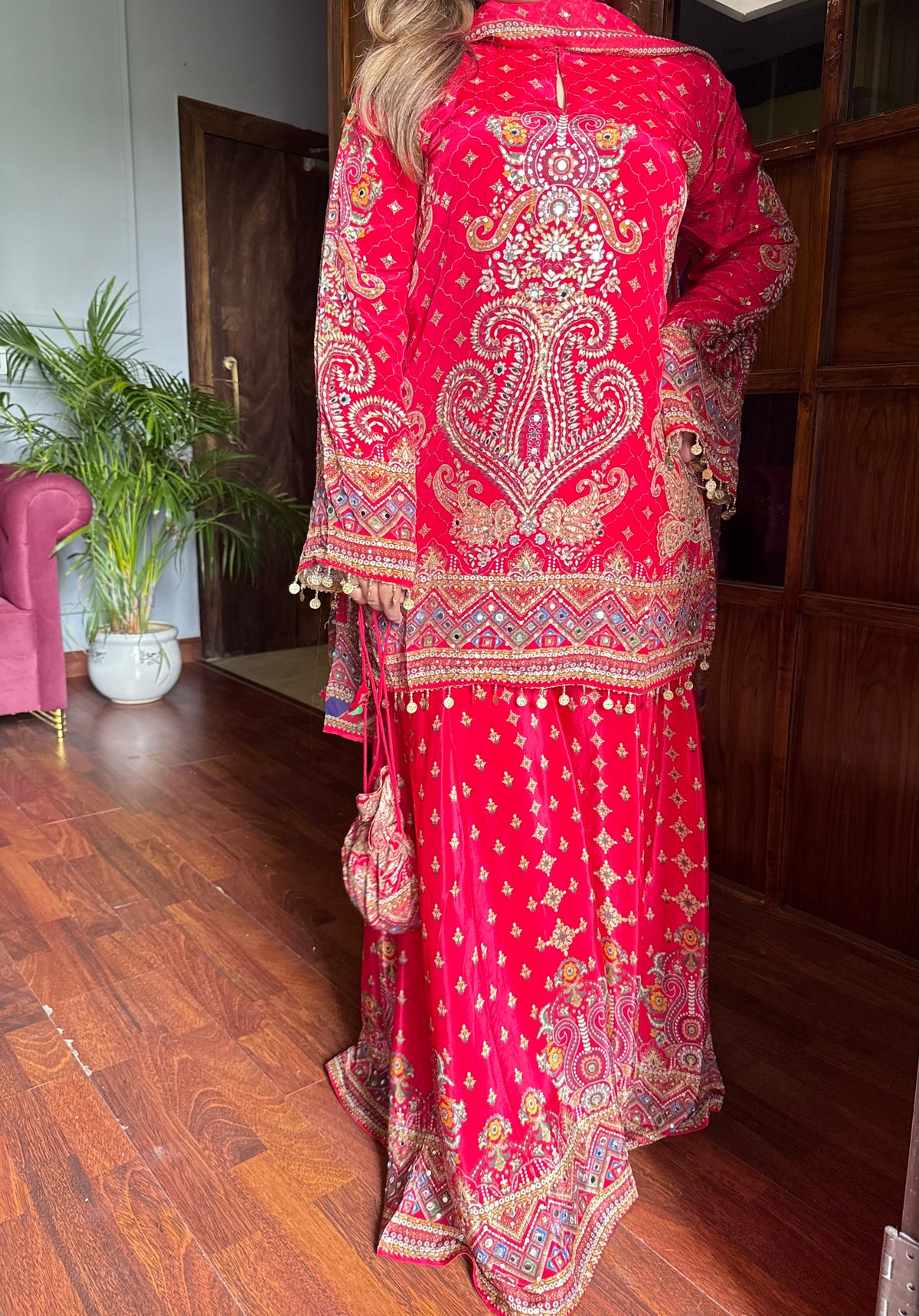 Khwaab Royal Red Pure Crepe Sharara Suit With Potli