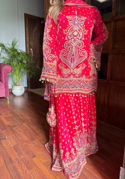 Khwaab Royal Red Pure Crepe Sharara Suit With Potli