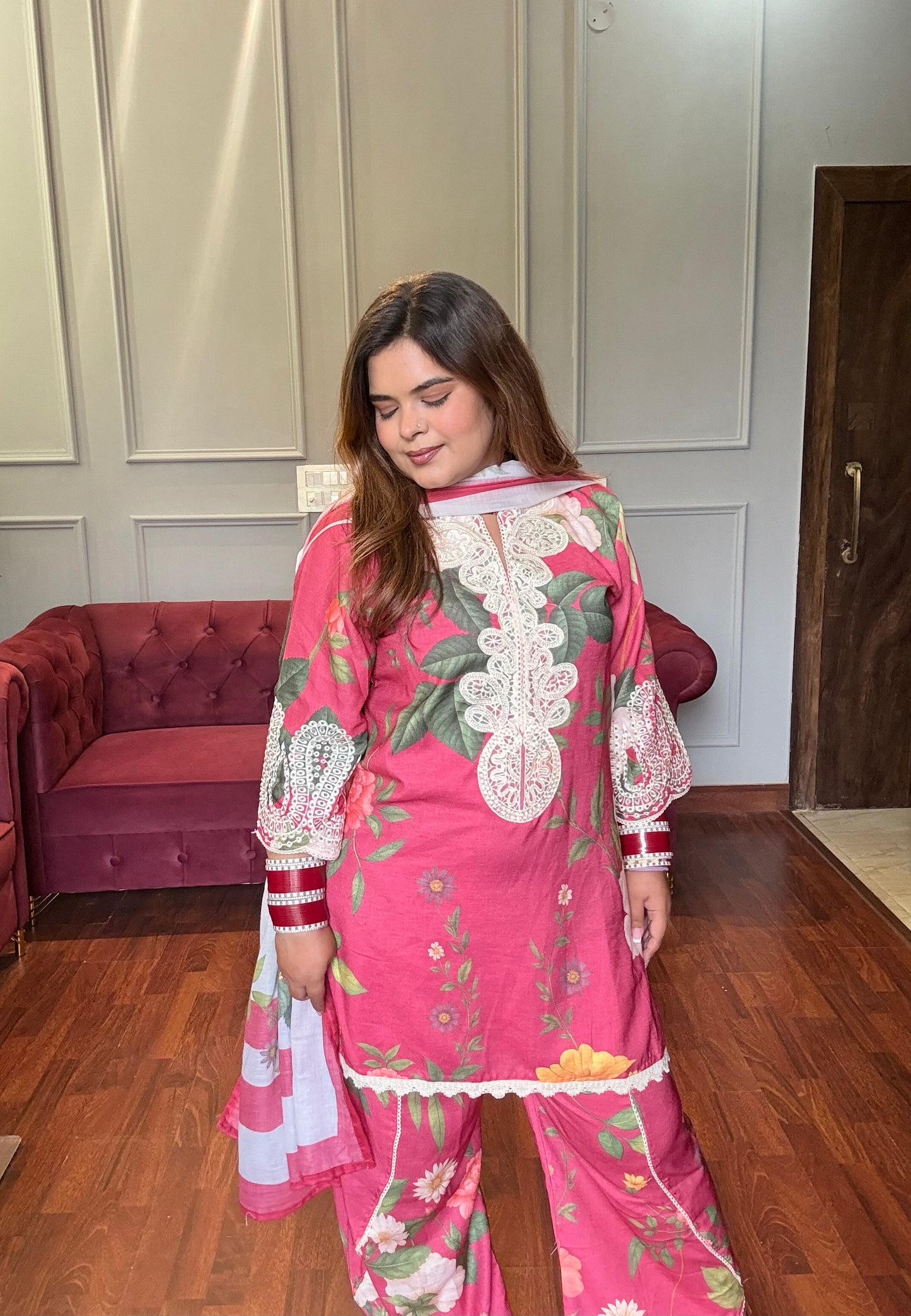 Floral Pink Soft Cotton Suit with Lace work