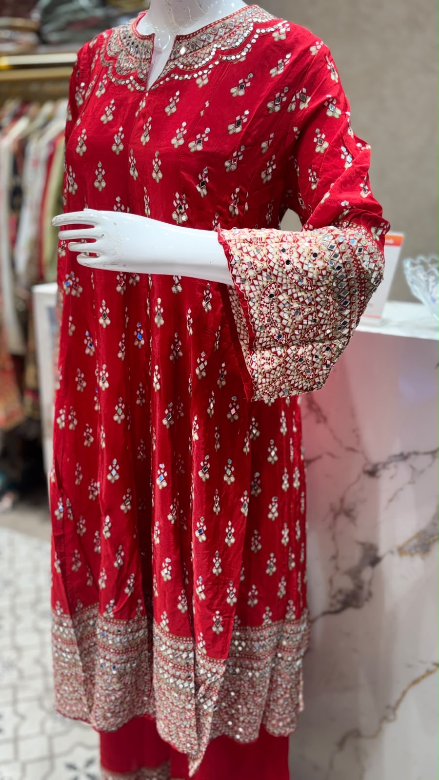 Maharani Designer Pure Crepe Anarkali Suit with Original Mirror Work