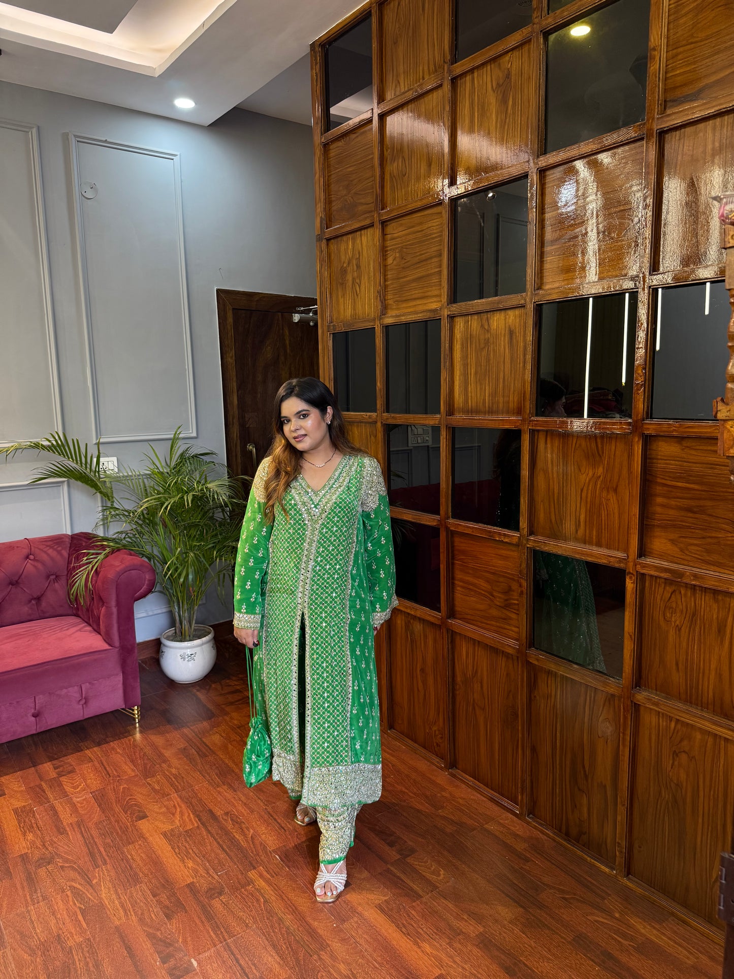Pure Crepe Designer Mirror Work Outfit with Potli ✨