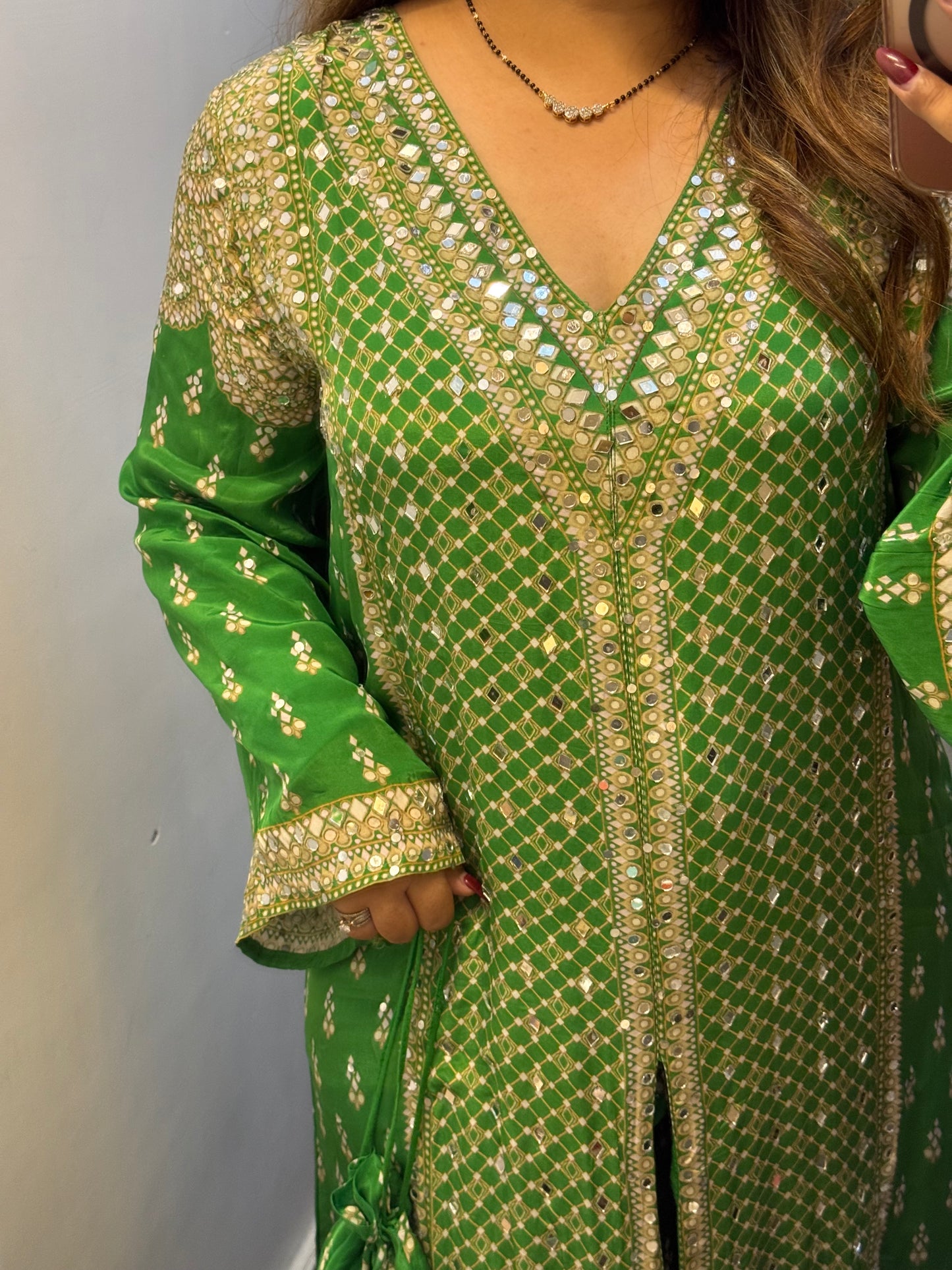 Pure Crepe Designer Mirror Work Outfit with Potli ✨