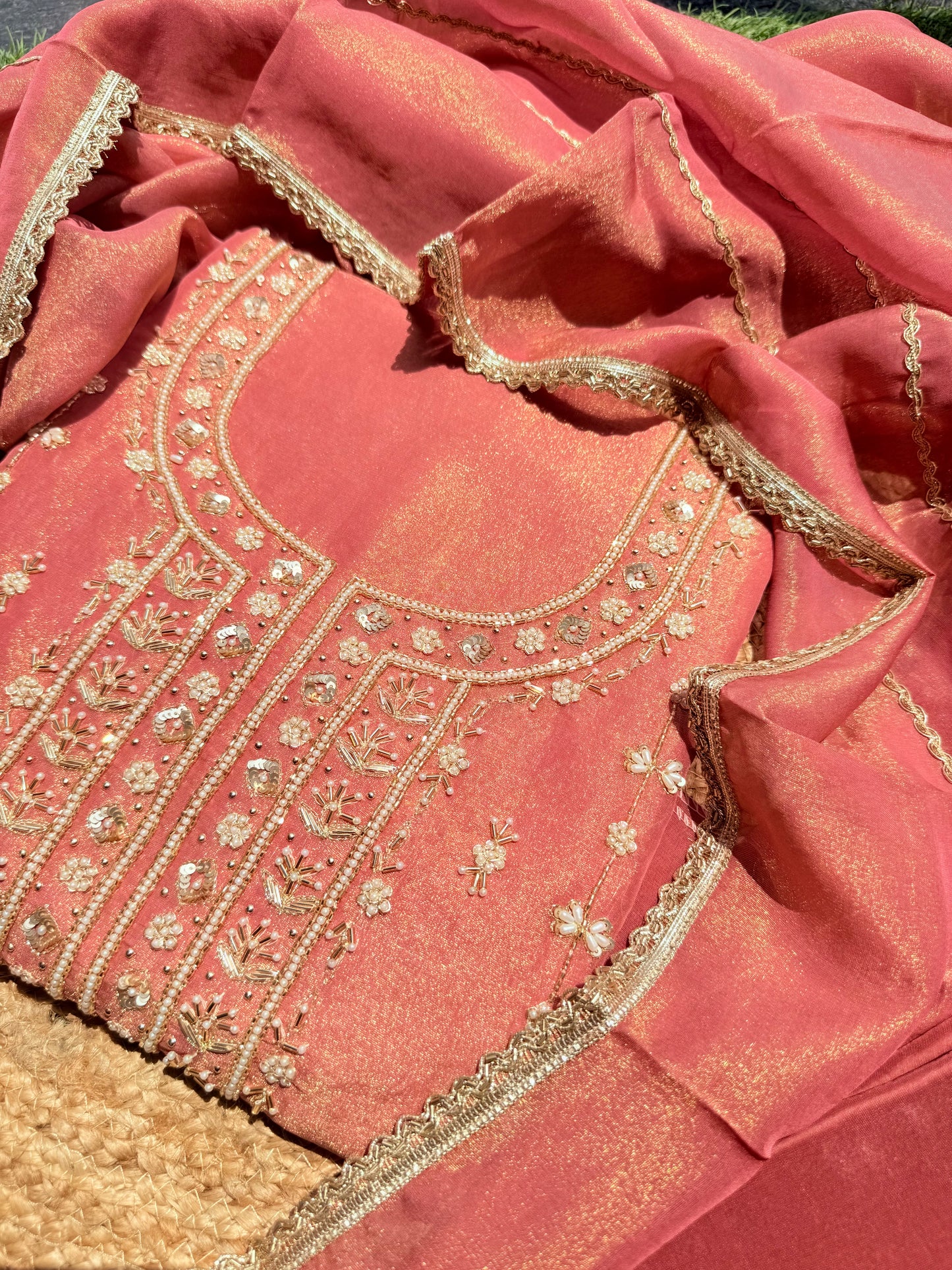 Pure shimmer handwork suit with pure opada silk lowers 🌸