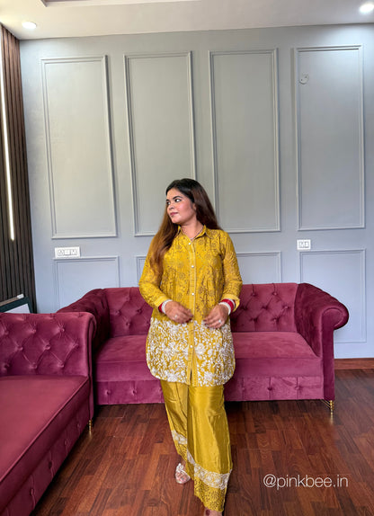 Pure Chinnon Self Thread Embroidery Co-ord in Mustard Yellow