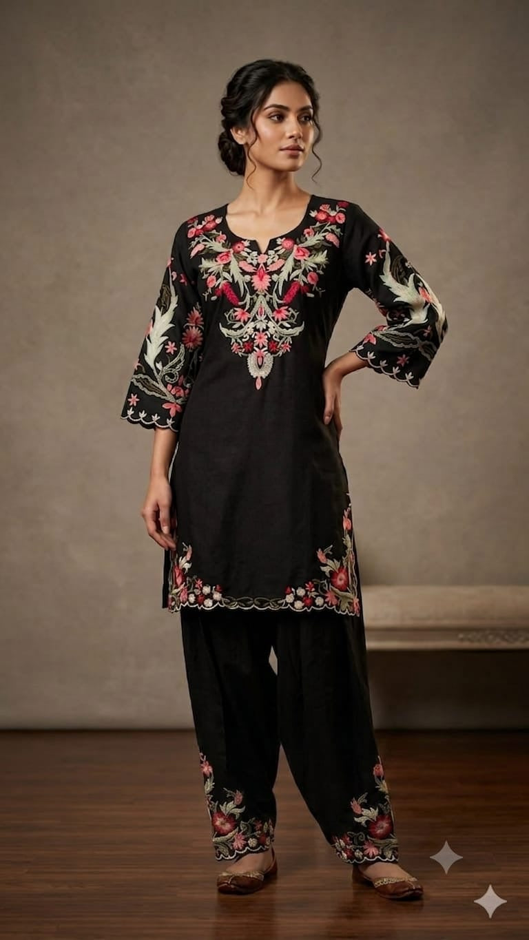 Black Multi-Coloured Embroidered Farshi Co-ord Set