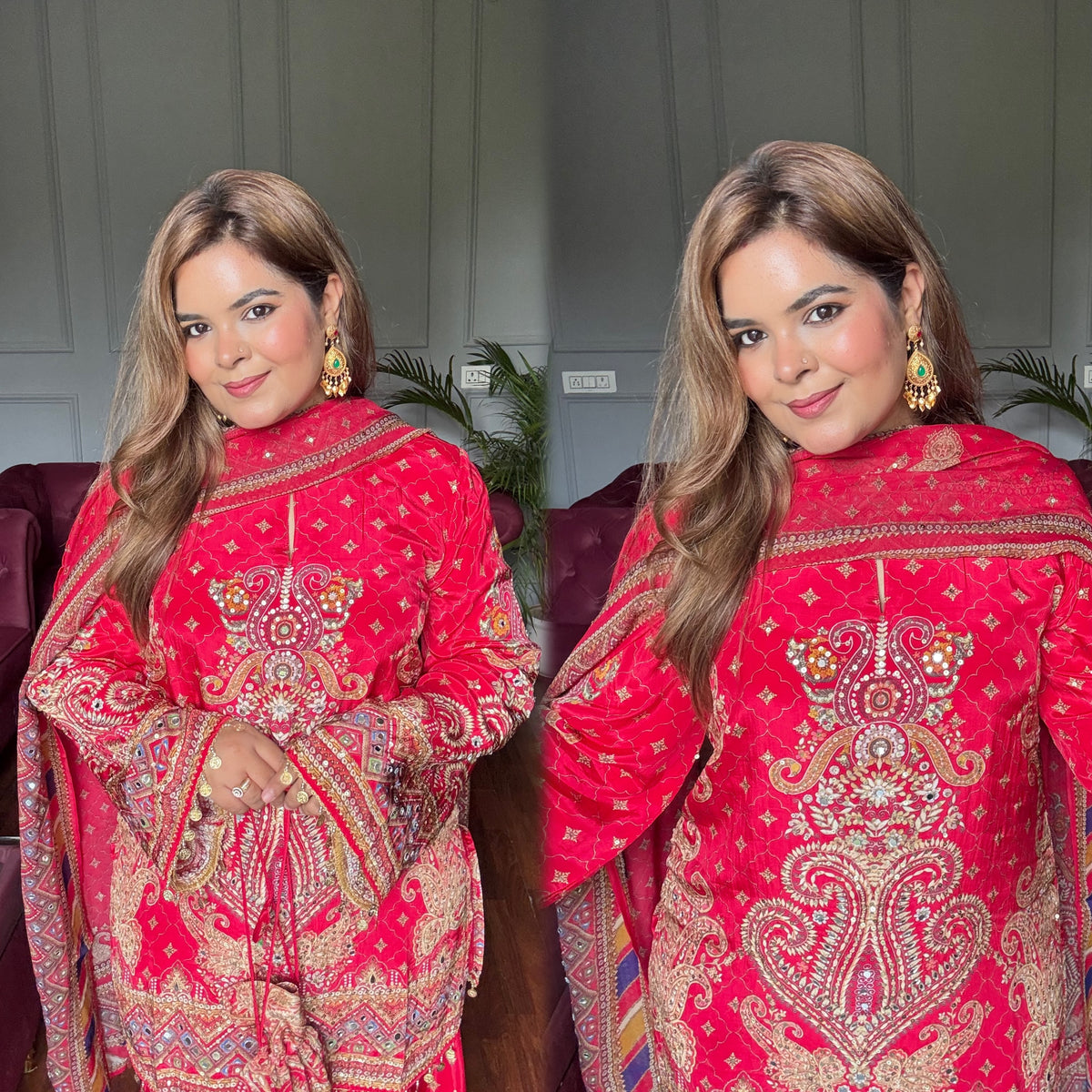 Khwaab Royal Red Pure Crepe Sharara Suit With Potli