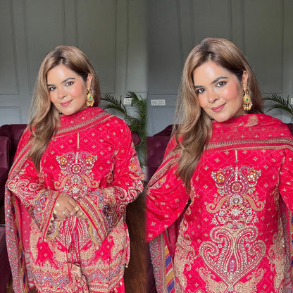 Khwaab Royal Red Pure Crepe Sharara Suit With Potli