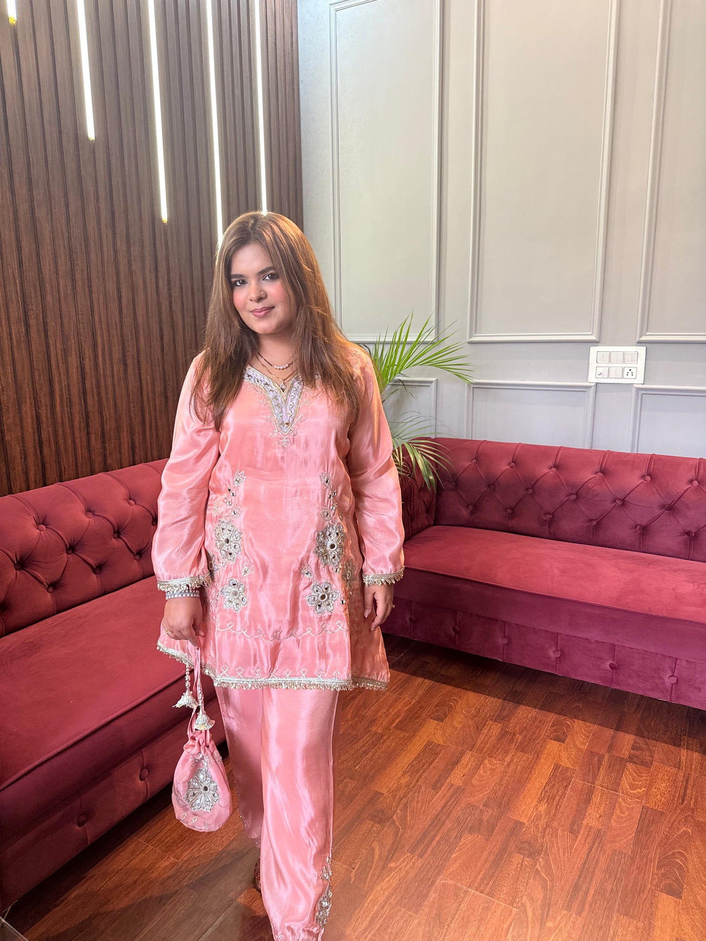 Peach Gotta & Mirror Work Glass Tissue Premium Co-ord With Potli