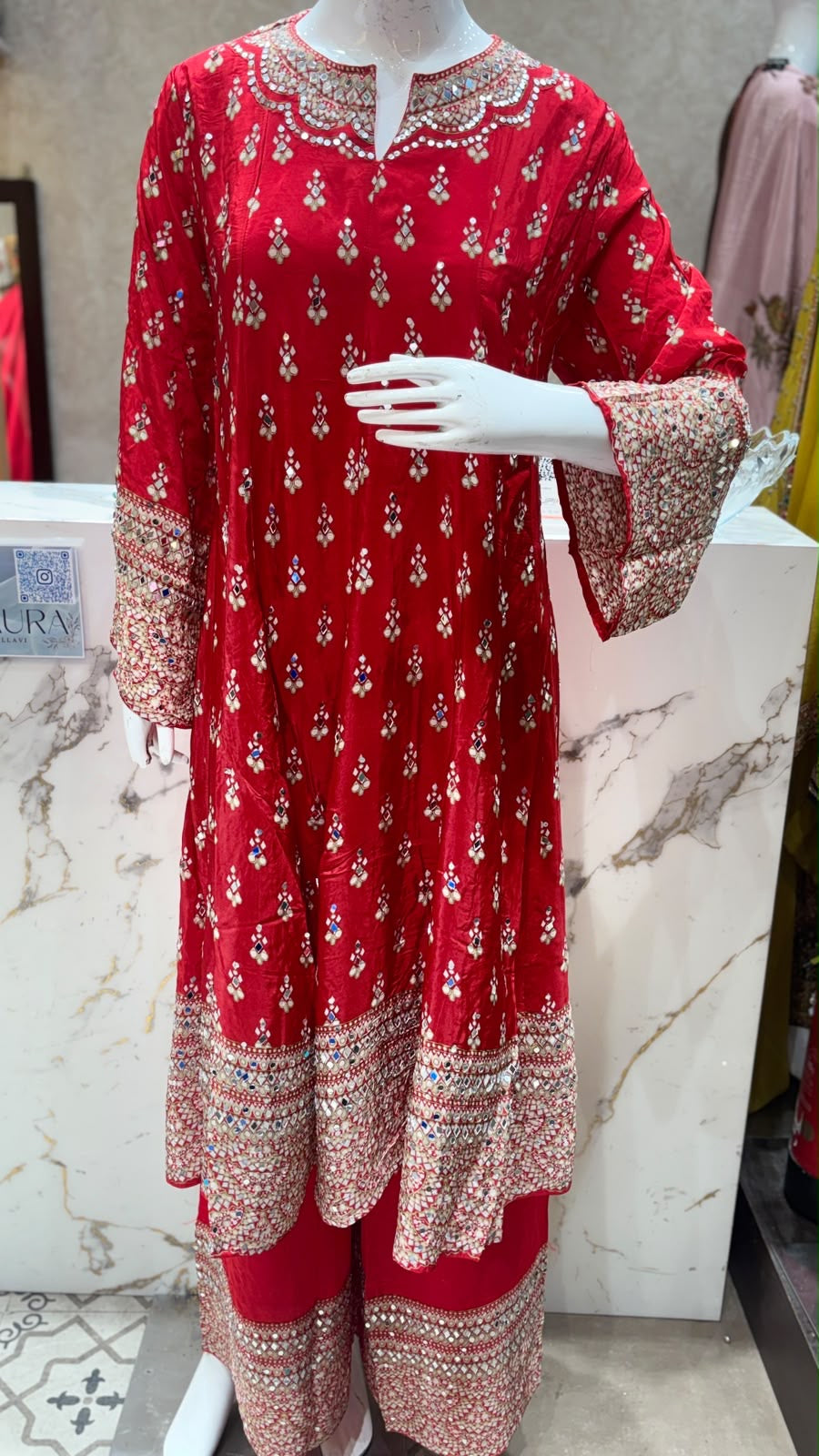 Maharani Designer Pure Crepe Anarkali Suit with Original Mirror Work