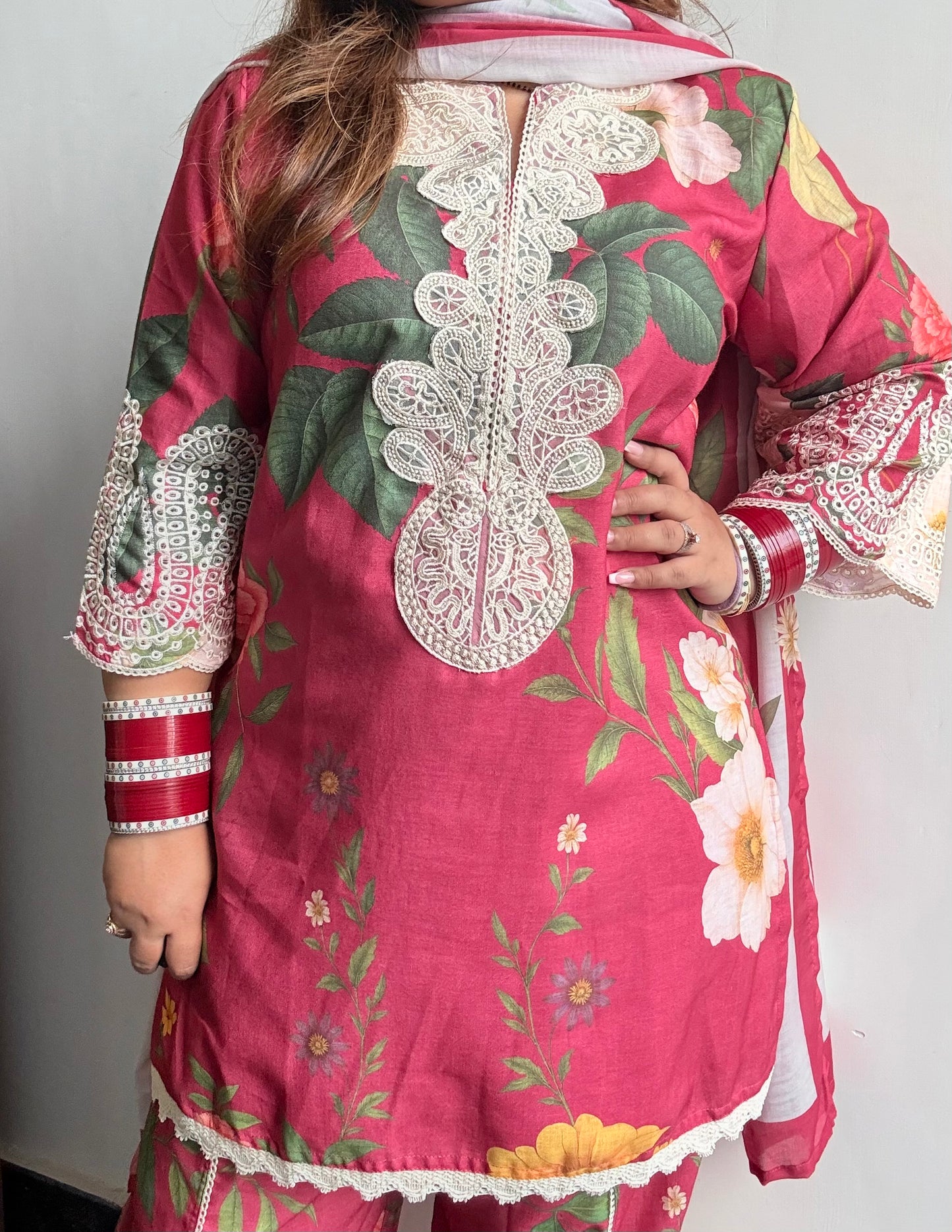 Floral Pink Soft Cotton Suit with Lace work