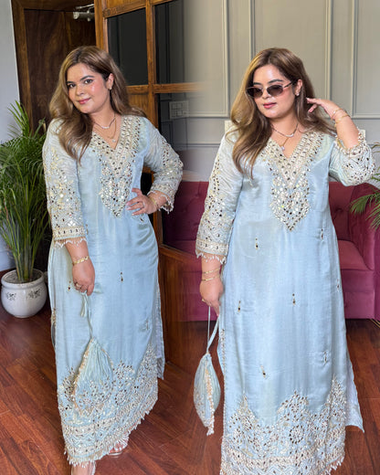 Aasmani Long Shimmer Tissue Coord with Potli and Real mirror work & Pearls detailing ✨
