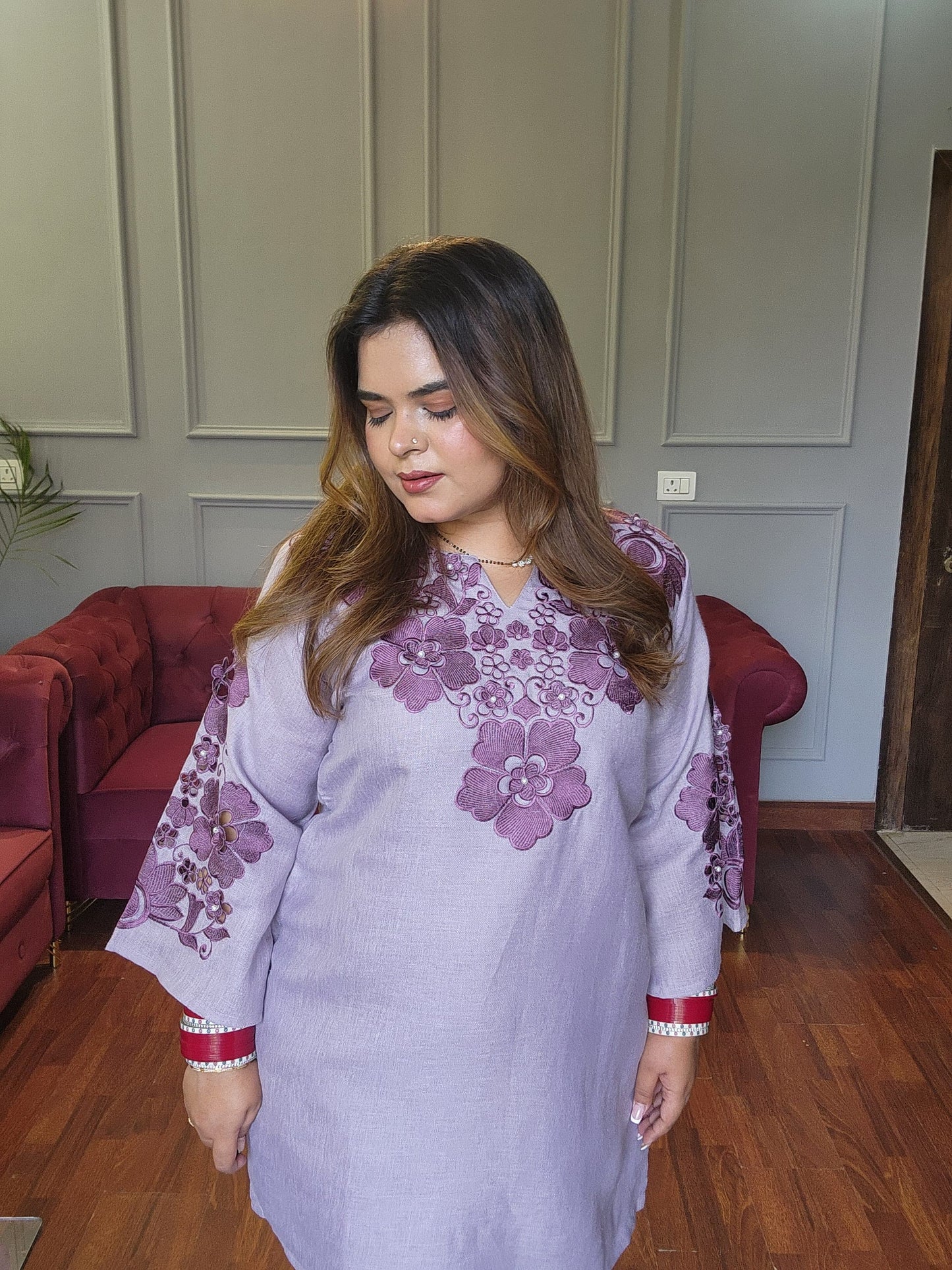 Lavender Floral Pearl Cutwork Embroidered Co-ord Set