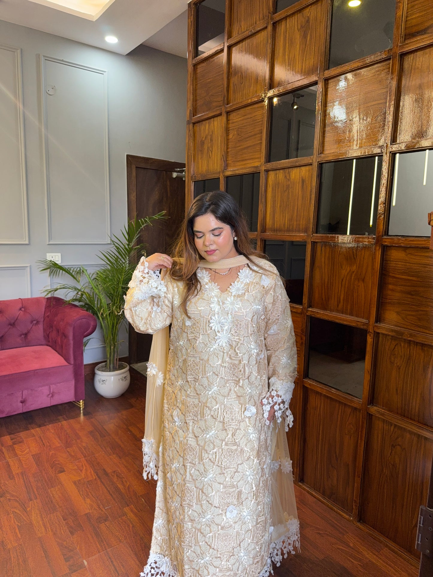 Designer Long Crochet Suit With Stylish Sleeves