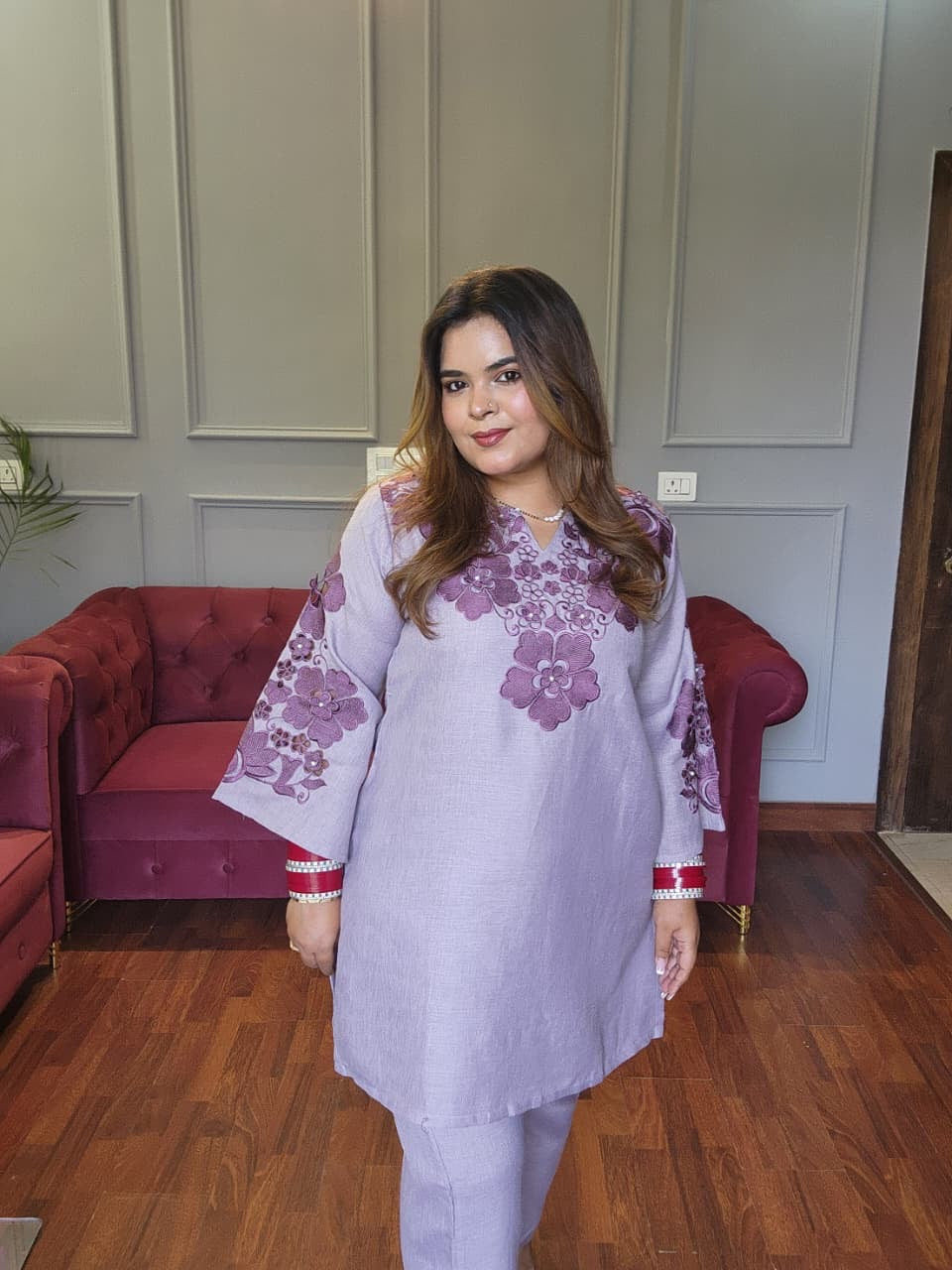 Lavender Floral Pearl Cutwork Embroidered Co-ord Set