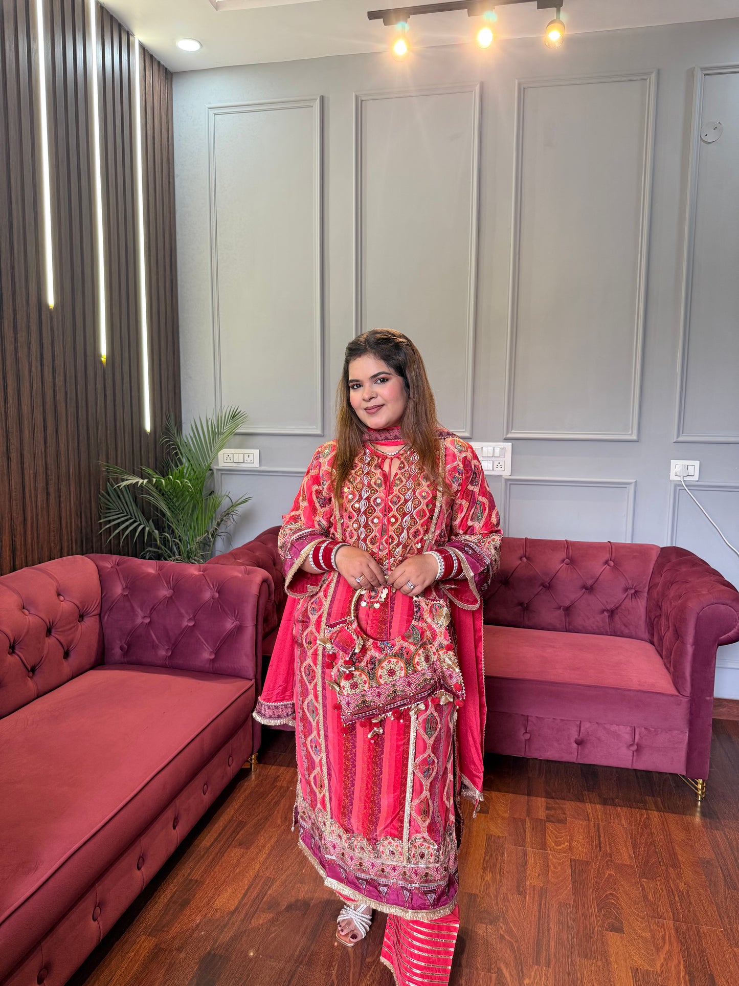 Designer Pure Crepe Best seller Suit With Bag in Coral Pinkish Red✨