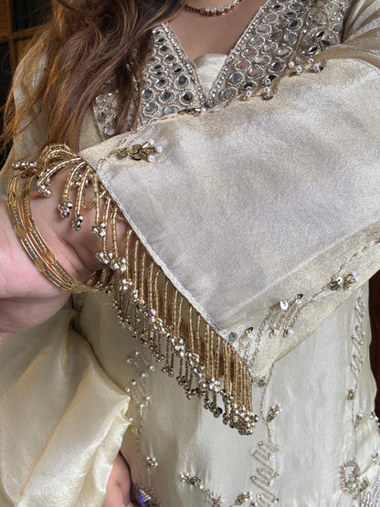 Silk Tissue Suit in Ivory Gold With Handwork (full lining)