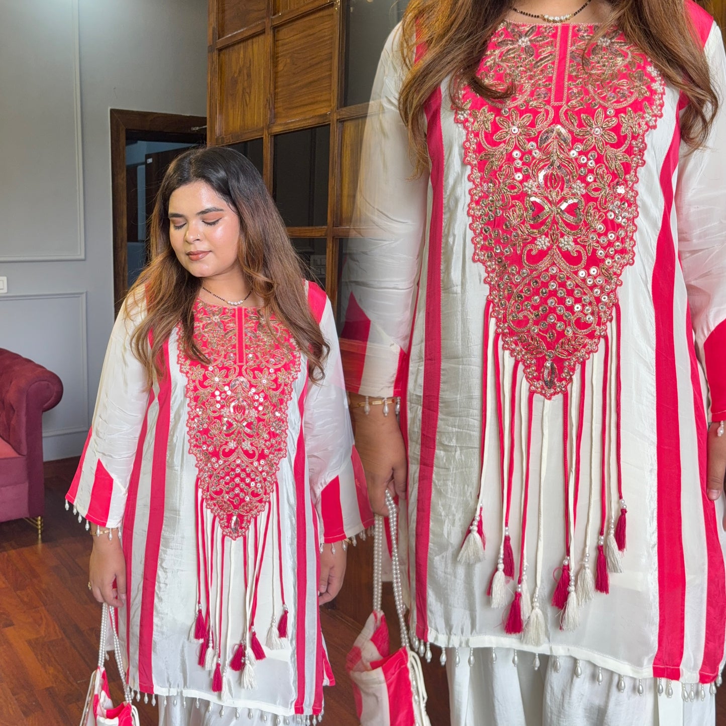 Designer Pure Natural Crepe Farshi Salwar Co-ord With Potli