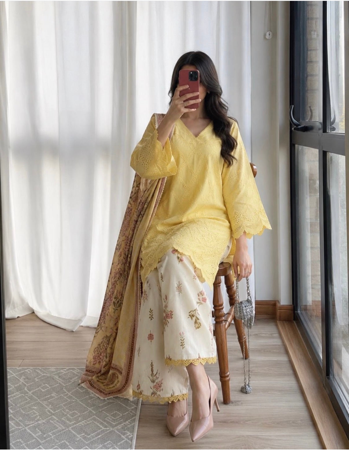 Butter Yellow Pakistani Premium Schiffli Cotton Suit With Floral Duppatta 🌻