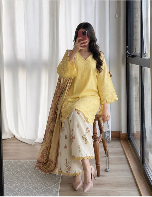 Butter Yellow Pakistani Premium Schiffli Cotton Suit With Floral Duppatta 🌻