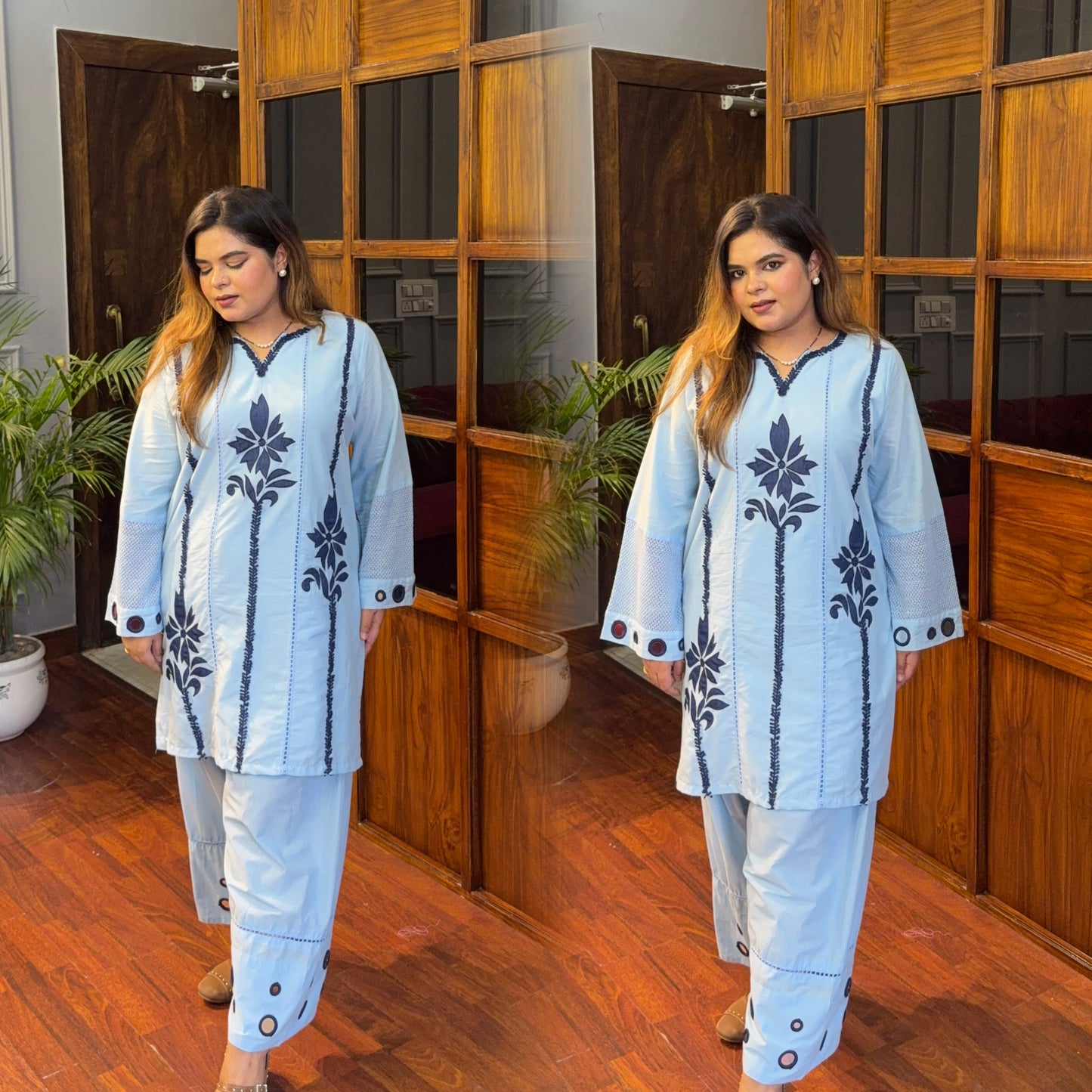 Elegant Co-ord Set With Stylish Sleeves, Laces & Handwork