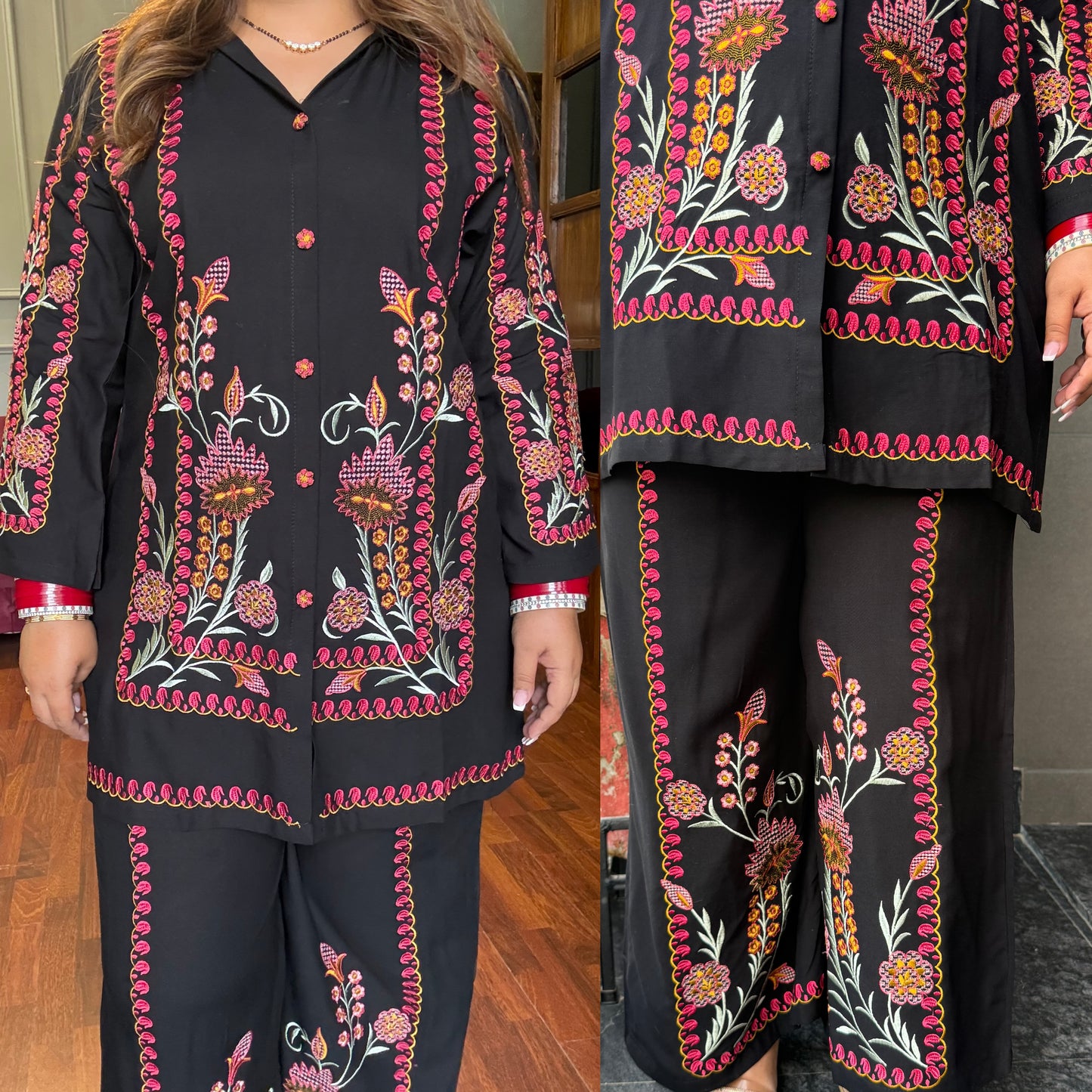 Black Colourful Embroidered Co-ord Set