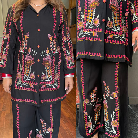Black Colourful Embroidered Co-ord Set