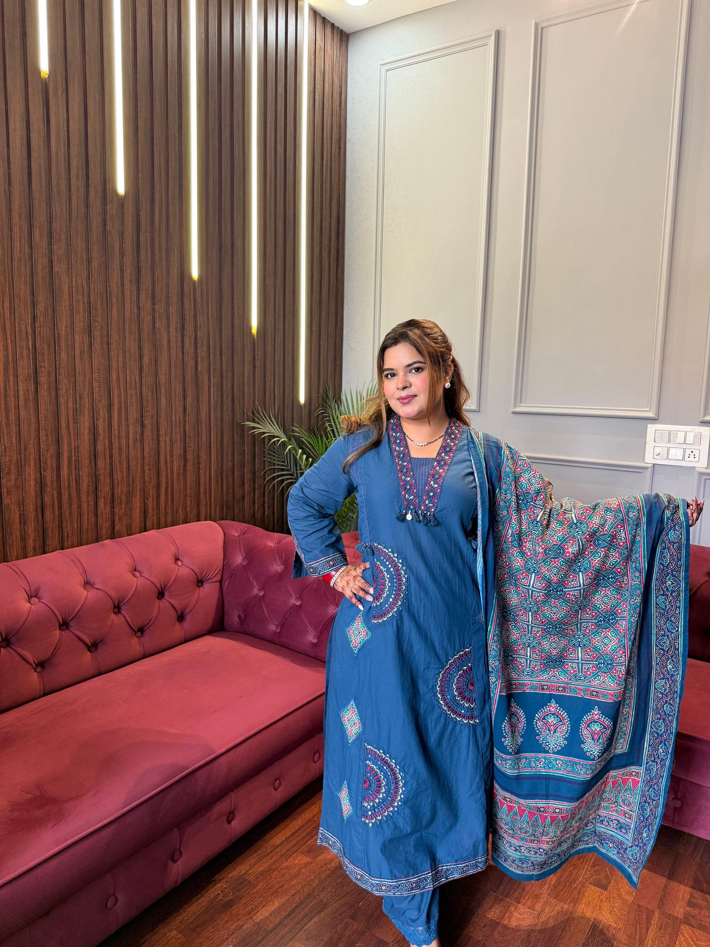 Pure Cotton A-line Suit With Ajrakh Printed Duppatta