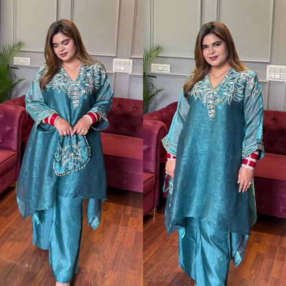 Designer Pure Tissue Handwork Co-ord Set With Potli ✨