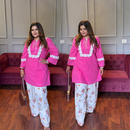 Pink Cotton Schiffli Farshi Salwar Co-ord Set with lining 🌸