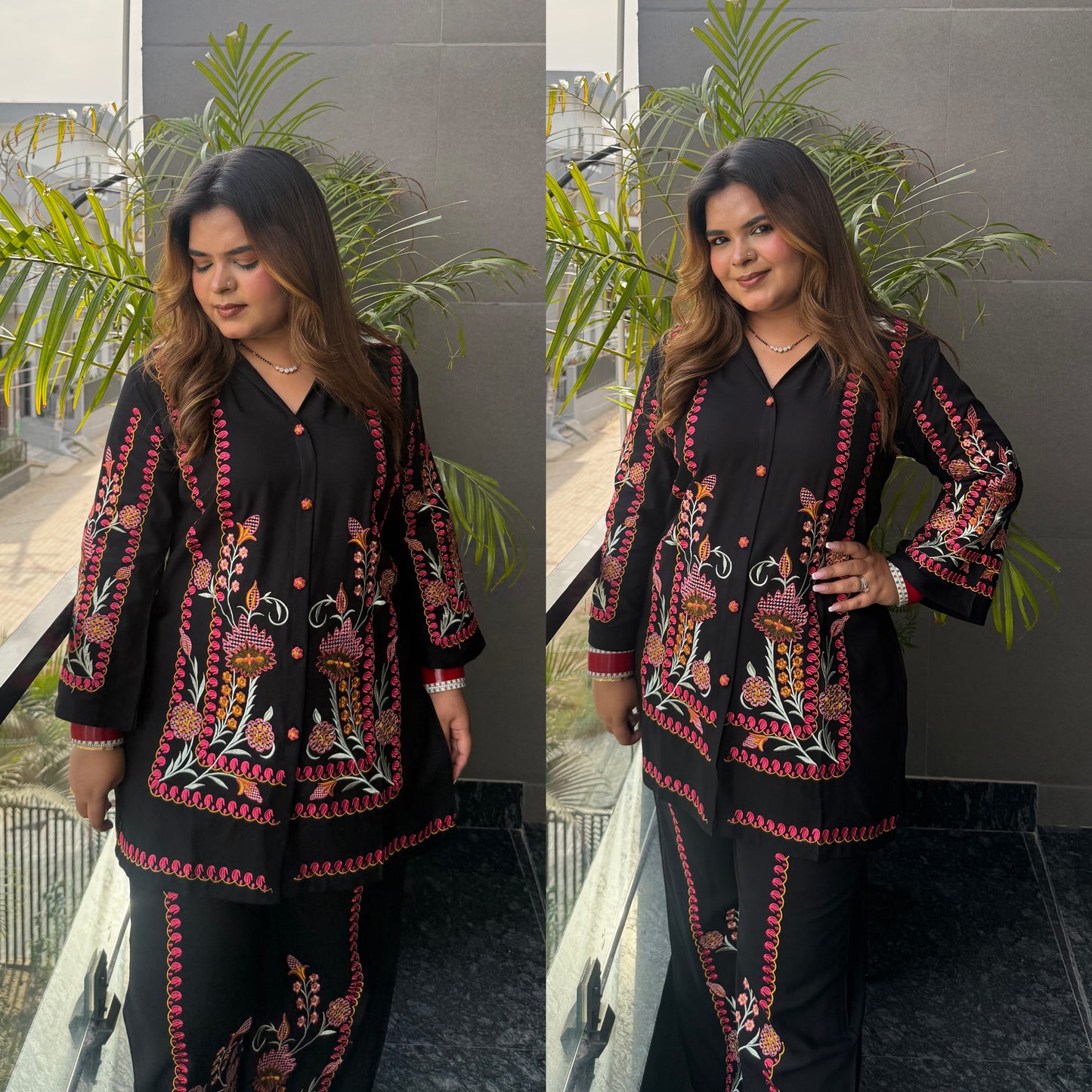 Black Colourful Embroidered Co-ord Set