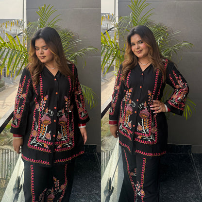Black Colourful Embroidered Co-ord Set